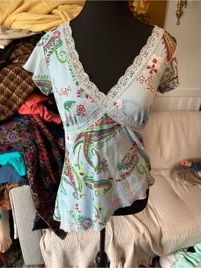 Y2K Size Medium Light Blue Sheer Paisley Lace-Trim Top